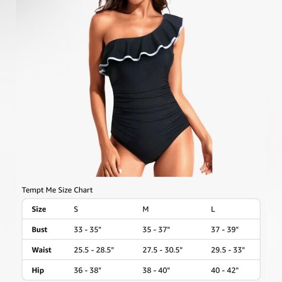 Tempt Me Women’s Black One Piece Swimsuit Tummy Control 1 Shoulder Ruffle M NWT - Picture 8 of 8